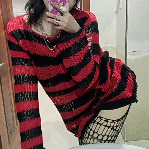 Goth Distressed Stripe Knit Sweater