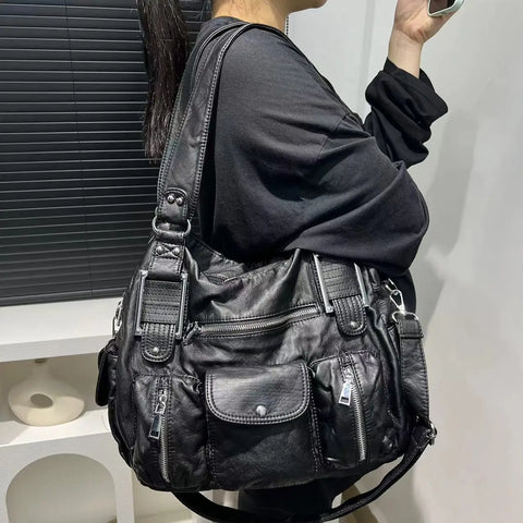 Goth Worn-Black Multi-Pocket Slouch Bag