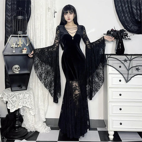 Victorian Goth Requiem Lace Sleeve Maxi Dress