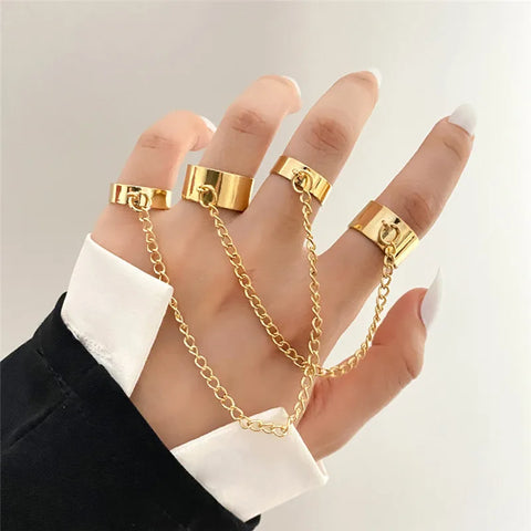 Goth Silver Chain Hand Harness Ring Set