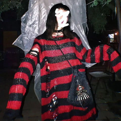 Goth Blue & Black Striped Hollow-Knit Top