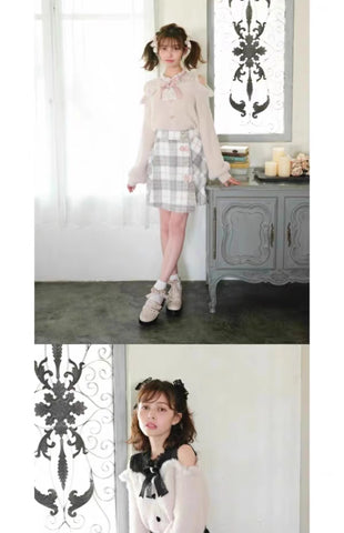 Pastel Goth Heartbreak Bloom Fuzzy Off-Shoulder Sweater