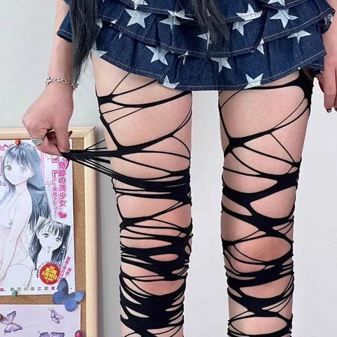 Goth Shredded Web Tights Sock — Black & White