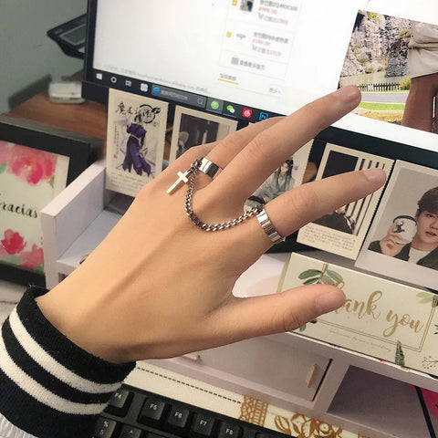 Goth Silver Chain Hand Harness Ring Set