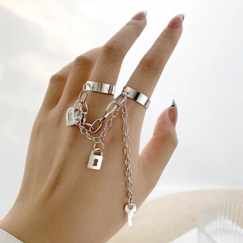 Goth Silver Chain Hand Harness Ring Set
