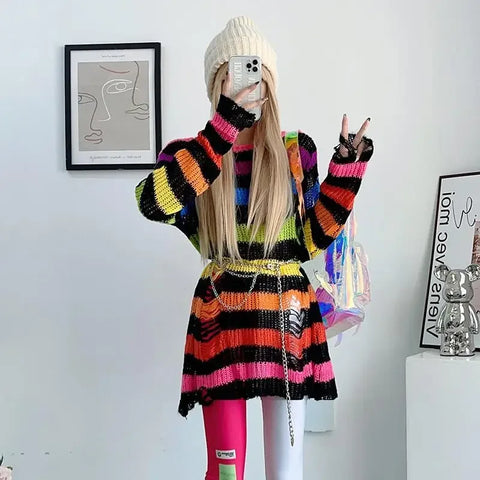 Goth Blue & Black Striped Hollow-Knit Top