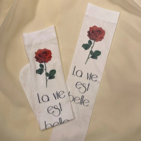 Pastel Goth Cats & Roses Sheer Printed Thigh-High Sock