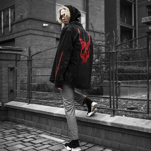 Goth Horned Skull Distressed Denim Coat