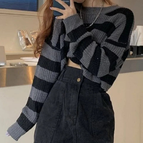 Goth Monochrome Stripe Cropped Knit Top