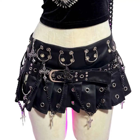 Cyber Goth Eyelet Storm Pleated Mini Skirt