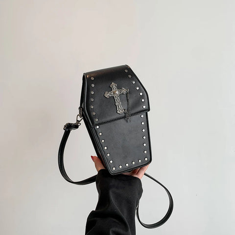 Goth Coffin Cross Rivet Crossbody Bag