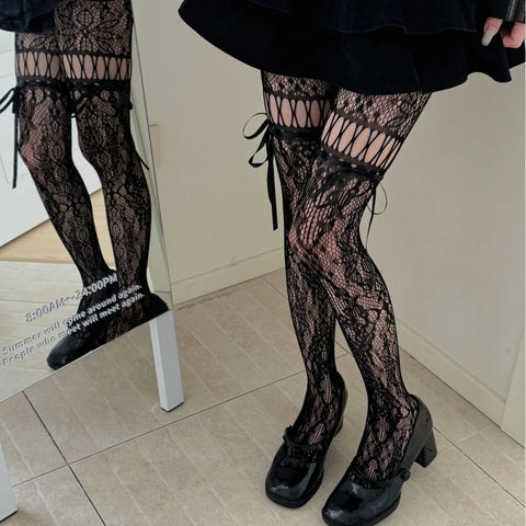 Victorian Goth Plum Lace Bow Thigh-High Sock