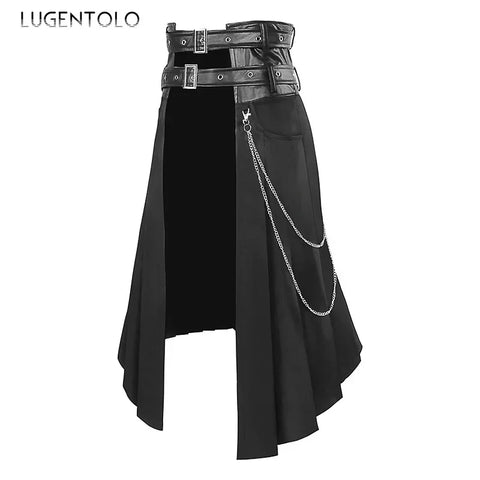 Goth Dual-Belt Asymmetric Chain Pleated Skirt