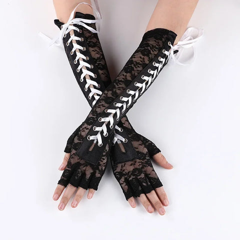 Goth Corset-Laced Elbow Ring Gloves in Black Lace