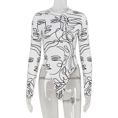 Nu Goth Abstract Face Print Long Sleeve Bodysuit Shirt