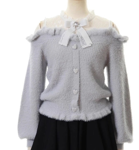 Pastel Goth Heartbreak Bloom Fuzzy Off-Shoulder Sweater