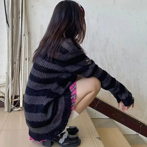 Goth Distressed Stripe Knit Sweater