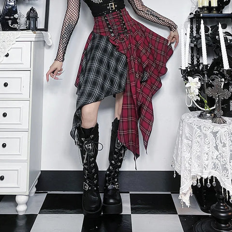 Goth Crimson & Shadow Plaid Lace-Up Mini Skirt