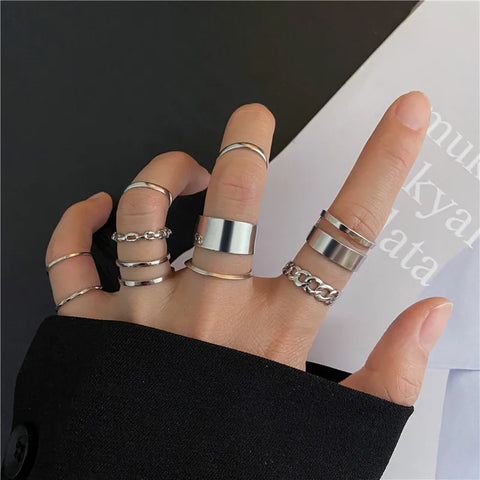 Goth Silver Chain Hand Harness Ring Set