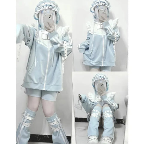 Pastel Goth Restraint Lace Zip-Up Tshirt in Ice Blue