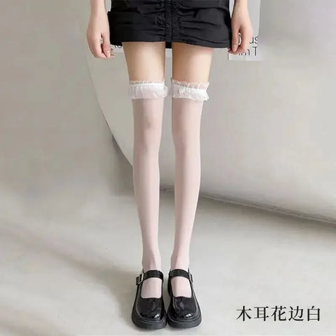 Goth Thigh-High Sheer Sock — Lace, Velvet Band & Crimson Edge