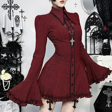 Victorian Goth Crimson Houndstooth Ruffle Dress