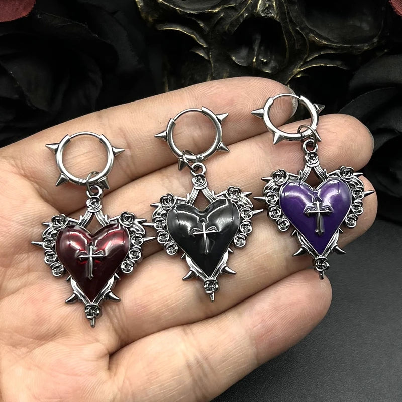 Goth Sacred Thorn Heart Cross Drop Earring
