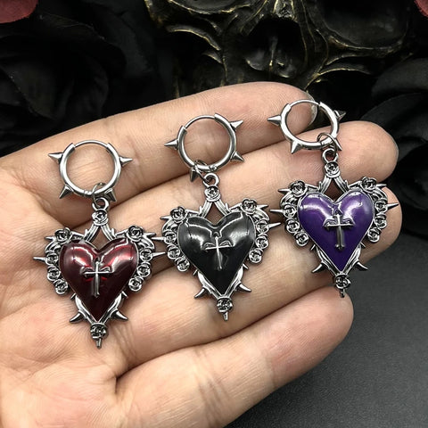 Goth Sacred Thorn Heart Cross Drop Earring