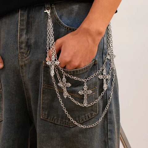 Goth Triple Layer Cross Pants Chain in Antique Silver