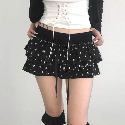 Mall Goth Star Print Layered Ruffle Mini Skirt