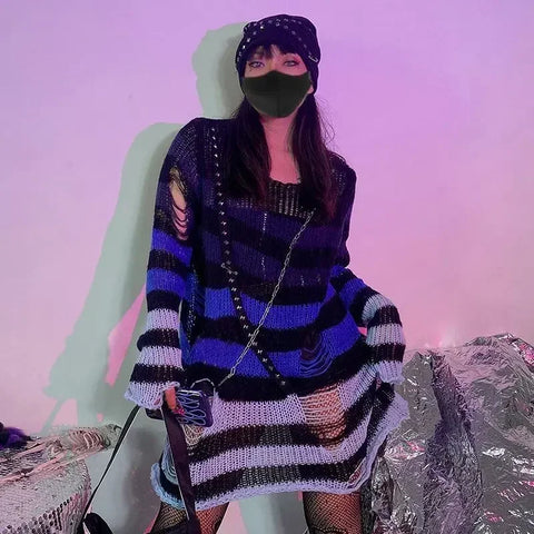 Goth Distressed Rainbow Stripe Oversized Sweater