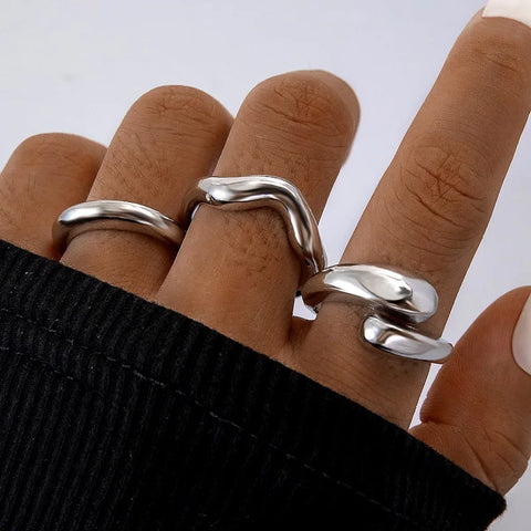 Nu Goth Liquid Mercury Wave Ring Set