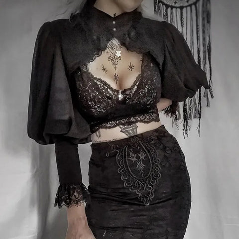 Victorian Goth Midnight Lace Lantern Sleeve Crop Top