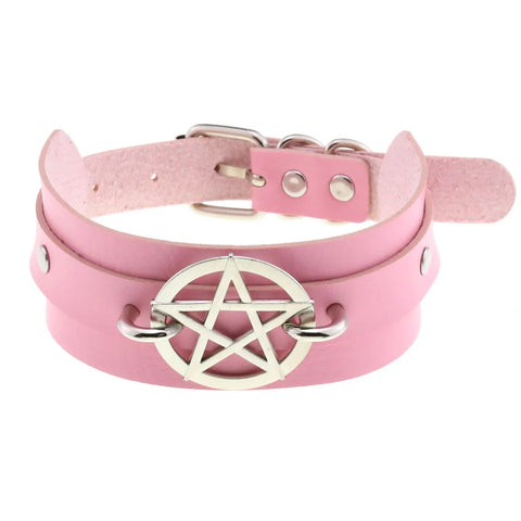 Pastel Goth Pink Leather O-Ring Choker Necklace Collection