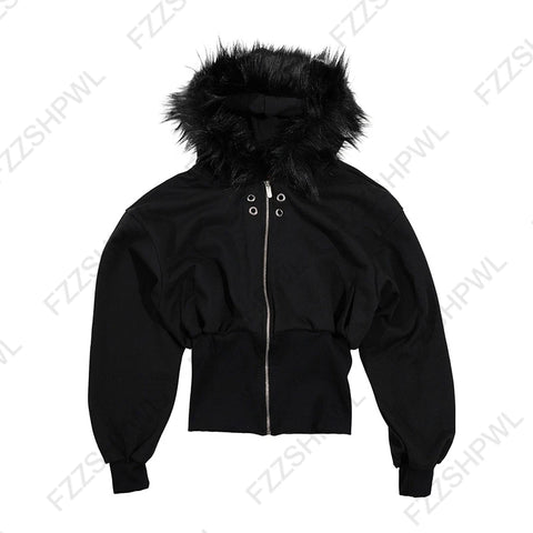 Mall Goth Faux-Fur Trim Zip Tshirt in Void Black