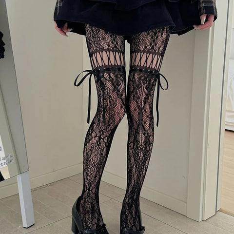 Victorian Goth Plum Lace Bow Thigh-High Sock