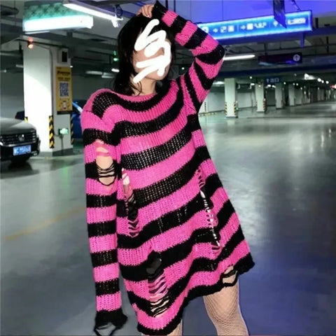 Goth Bloodline Stripe Hollow Knit Sweater