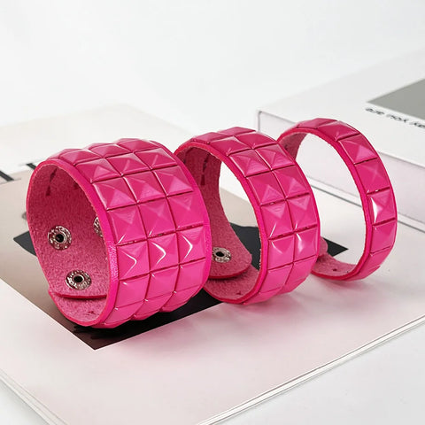 Mall Goth Hot Pink Pyramid Stud Wide Cuff Bracelet