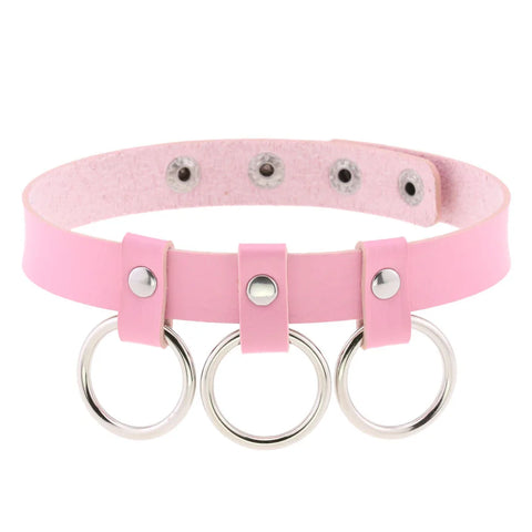 Pastel Goth Pink Leather O-Ring Choker Necklace Collection