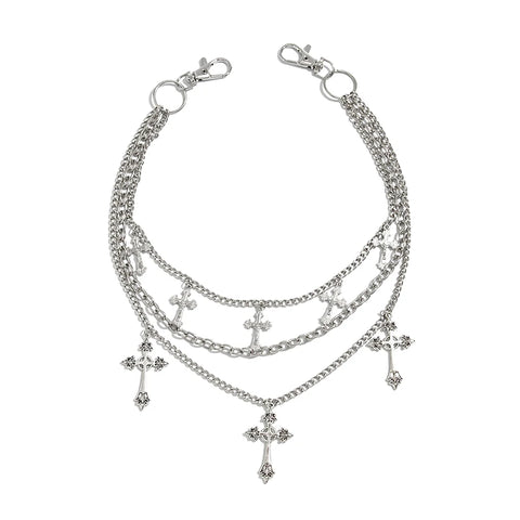 Mall Goth Triple Cross Chain Pants — Layered Silver Altar