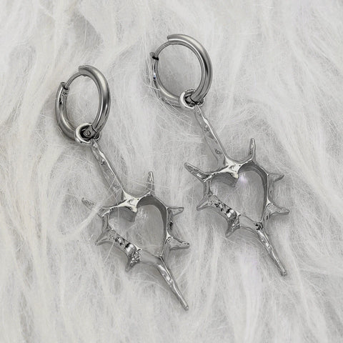 Goth Thorned Heart Drop Earring — Spiked Silver Hoop Charm