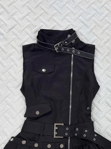 Goth Zipper Tiered Mini Dress in Midnight Black