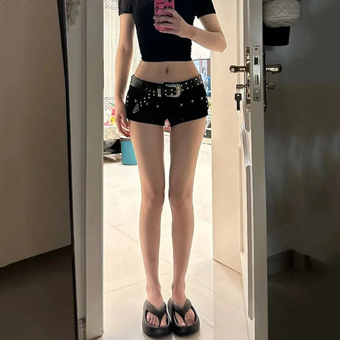 Mall Goth Skull-Studded Low Rise Denim Shorts