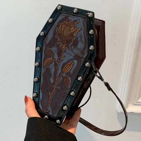 Goth Coffin Rose Embroidered Crossbody Bag