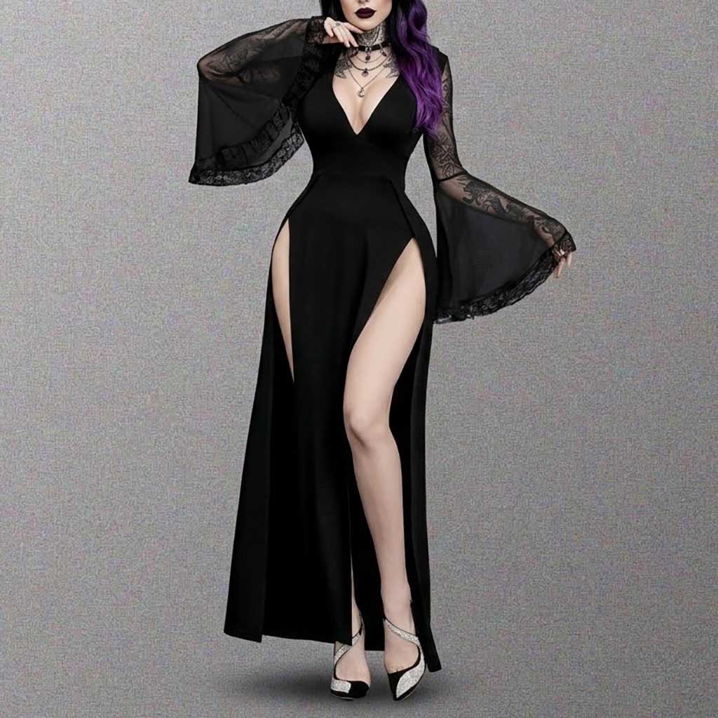 Gothic Dress with black lace flare sleeve