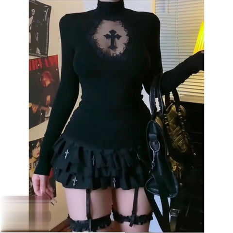 Nu Goth Sacred Window Lace Cutout T-Shirt
