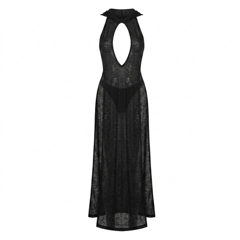 Cyber Goth Shadow Veil Hooded Maxi Dress