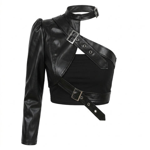 Goth Asymmetric One-Sleeve Buckle Harness Top