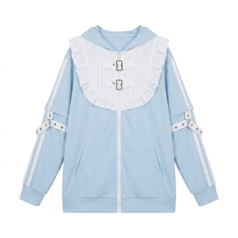 Pastel Goth Restraint Lace Zip-Up Tshirt in Ice Blue