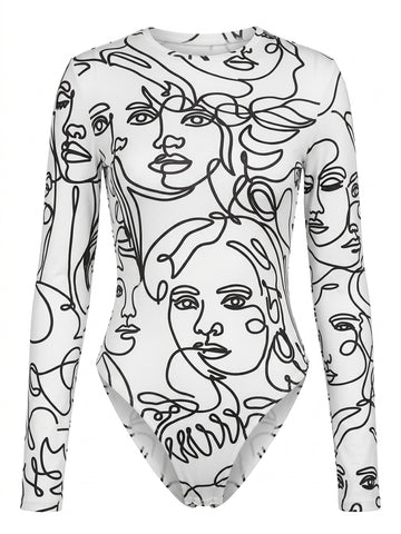 Nu Goth Abstract Face Print Long Sleeve Bodysuit Shirt